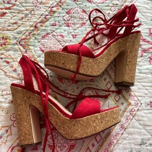 Red suede platform tie up sandals